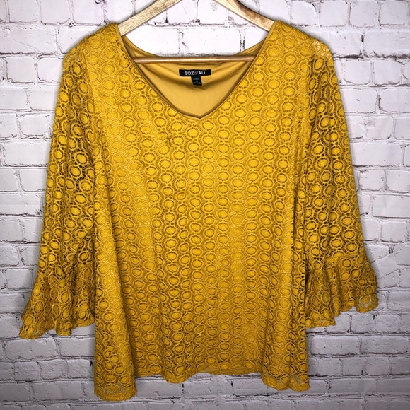 Roz & Ali Tops - Roz & Ali Mustard Yellow Lace Bell Sleeve Top